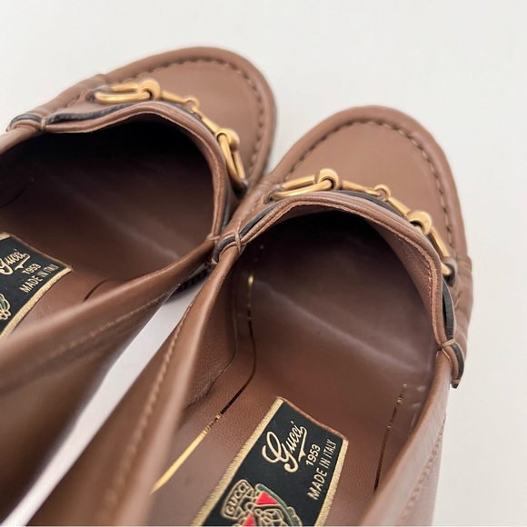 GUCCI | Vintage Alyssa Brown Leather Horsebit Pumps Block Heel Loafers 37.5 - Picture 7 of 16